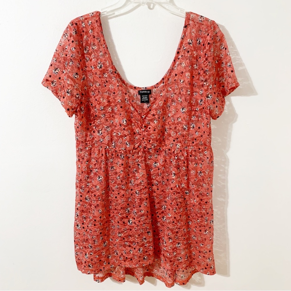 Torrid Semi Sheer V-neck Ruched at Vee Short Sleeve Floral Tunic Blouse Coral